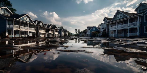 A photograph depicting a flooded coastal town after a major hurricane. Houses are submerged in water, cars are overturned, and debris litters the streets. People are shown evacuating the area, highlighting the disruption and devastation caused by the storm, emphasizing the US Climate Change Report: What Are the Projected Impacts on Coastal Regions?.