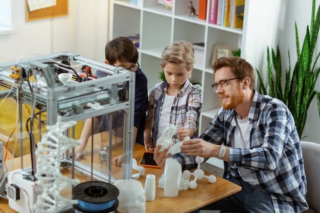 A group of students working on a 3D printing project in a modern classroom, showcasing the integration of advanced technology into education. This is another example of closing of the skills gap in the US manufacturing sector.