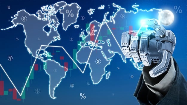 A world map with highlighted countries showcasing significant AI investments and advancements, with the US highlighted prominently. Connections between countries are visualized with lines, symbolizing data and knowledge exchange.