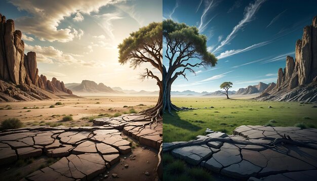 A split image showing the contrast between a lush green landscape and a parched, drought-stricken area. The drought side shows cracked earth and withered plants, emphasizing the impact of prolonged drought on ecosystems. Demonstrates the impacts of extreme heat waves and droughts.