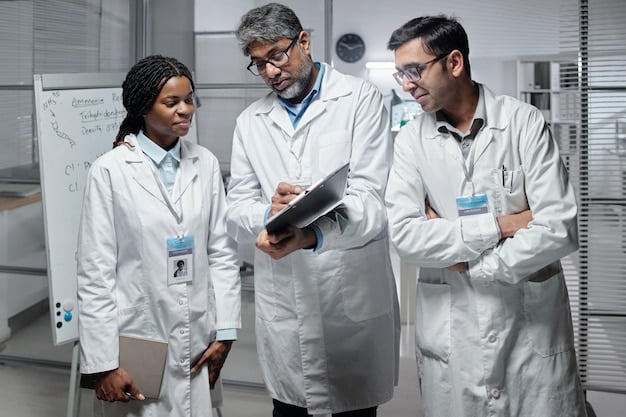 A diverse team of scientists in white coats collaborating in a high end lab environment, discussing AI generated results displayed on a transparent screen. The atmosphere is collaborative and signifies the joint effort that characterizes 'How AI is Revolutionizing Drug Discovery: A Look at the Latest AI-Powered Pharmaceutical Research in 2025'