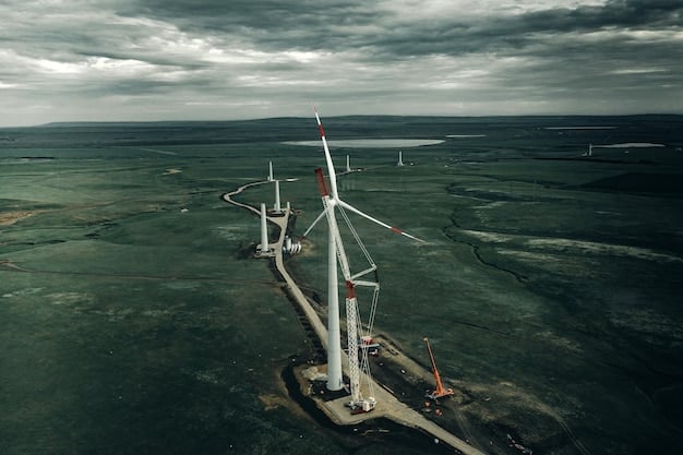 A dynamic aerial view of an offshore wind farm featuring floating wind turbines in deep blue sea, with a focus on the turbine's advanced blade design and robust structure. The image conveys the modernity and scalability of offshore wind energy technology.