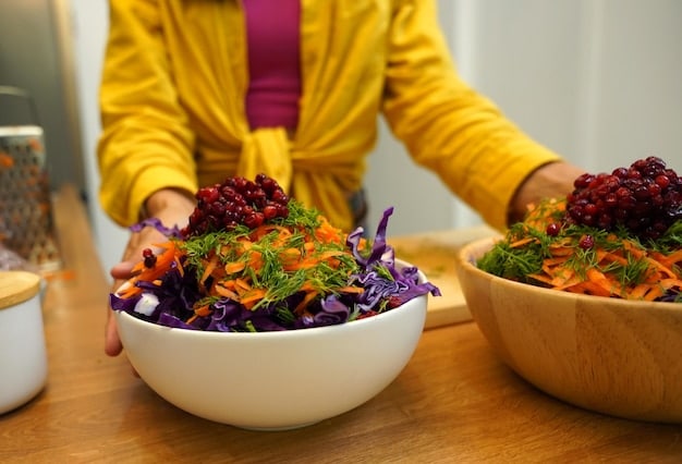 A close-up shot of a person preparing a vibrant salad with a variety of colorful vegetables, nuts, and seeds. The focus is on the fresh, unprocessed ingredients, highlighting the role of dietary fiber in promoting a healthy gut microbiome. The image relates to The Science of Nutrition: New Dietary Guidelines Based on the Latest Research on Gut Microbiome by visually representing the recommended dietary changes.
