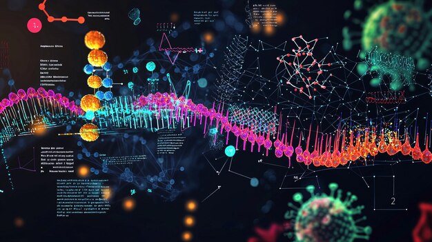 A visualization of an AI algorithm analyzing genomic data of a virus, highlighting specific mutations and potential transmission pathways. The image should be visually engaging and depict the complexity of AI's role in genomic surveillance. The words 'AI and Viral Genomics' are subtly integrated into the visual.