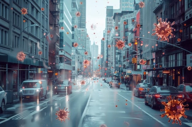 A digital rendering of a city being affected by a simulated pandemic, with different zones colored to indicate infection levels. Overlaid on the map are AI-generated recommendations for intervention strategies. The words 'AI Pandemic Simulation' are subtly integrated into the visual.