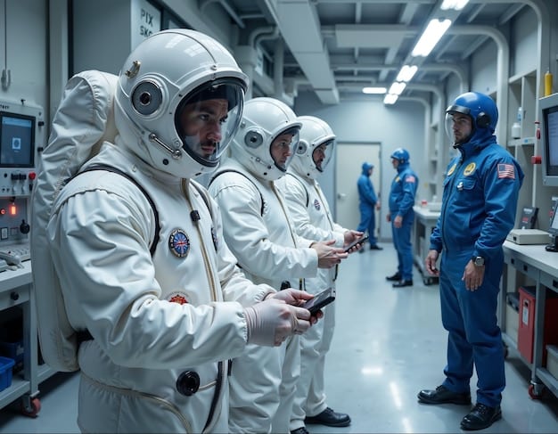 A photograph of engineers from a US company working alongside NASA scientists in a cleanroom environment, assembling a satellite component. The image highlights the tangible collaboration aspect of Space Act Agreements. The focus is on the shared effort and exchange of expertise, with both groups focused intently on the technical task at hand. The lighting is bright and sterile, typical of cleanroom environments, and the overall impression is one of teamwork and technological advancement.