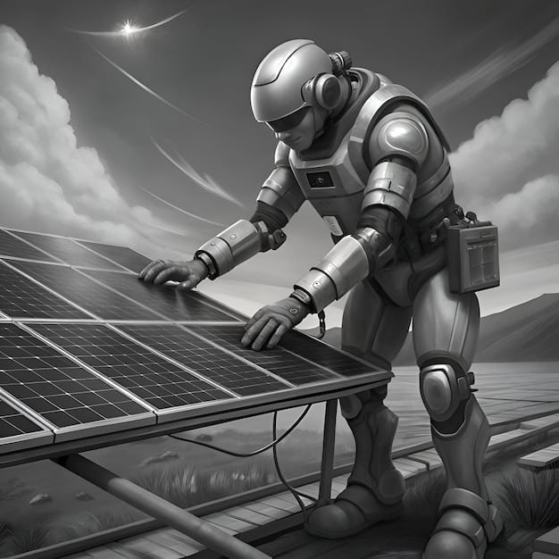 A detailed rendering of a humanoid robot working on a solar panel array in space. The robot has advanced sensors and manipulators, and Earth is visible in the background. This highlights one aspct of 