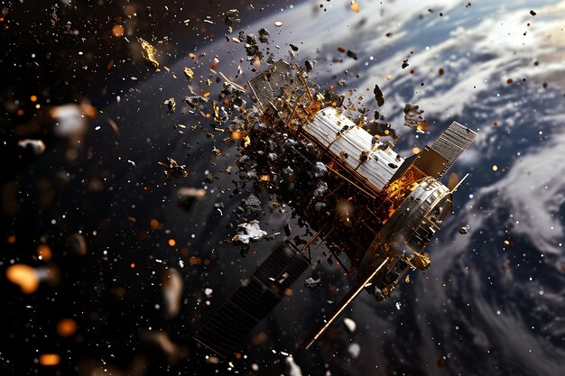 A close-up visualization of a satellite being struck by a small piece of space debris, causing visible damage. The image illustrates the high-speed impact and potential consequences of collisions in orbit, directly related to Space Debris Crisis: What are the 4 most promising solutions being developed by US companies to mitigate orbital debris in the next 5 years?.