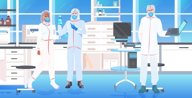 A depiction of a sterile lab environment where scientists are carefully sterilizing equipment to be sent to Mars. The image should highlight the importance of minimizing biological contamination. The scene shows visual elements that are related to What are the ethical considerations surrounding the potential colonization of Mars, and how are US policymakers addressing them in 2025?