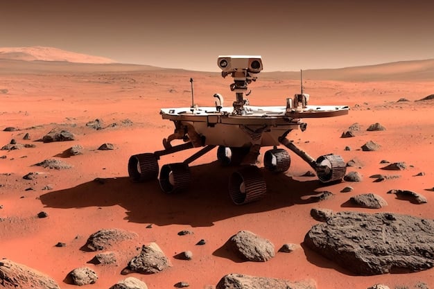 An AI-powered rover on Mars, using machine learning to analyze soil samples and identify potential signs of life. The AI is processing data in real-time, enhancing the rover's efficiency in exploring the Martian surface and demonstrating How will the increasing use of artificial intelligence in space exploration impact the efficiency and effectiveness of future missions?.