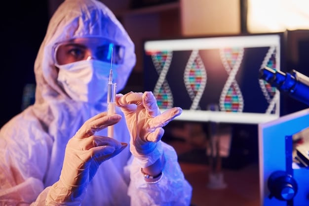 Scientists in a sterile lab environment working with ancient DNA samples. The focus is on the advanced technology and meticulous protocols used to avoid contamination and accurately sequence ancient genetic material, showcasing efforts needed for 