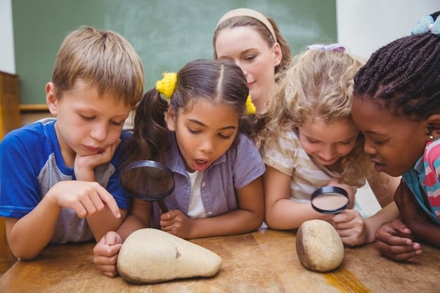 A close-up shot of a group of elementary school children participating in a mock archaeological dig at a local museum. They are carefully brushing dirt away from replica artifacts, guided by an instructor. This illustrates The Economic Impact of Archaeology: How Ancient Artifacts Are Driving Tourism and Research Funding in the US.