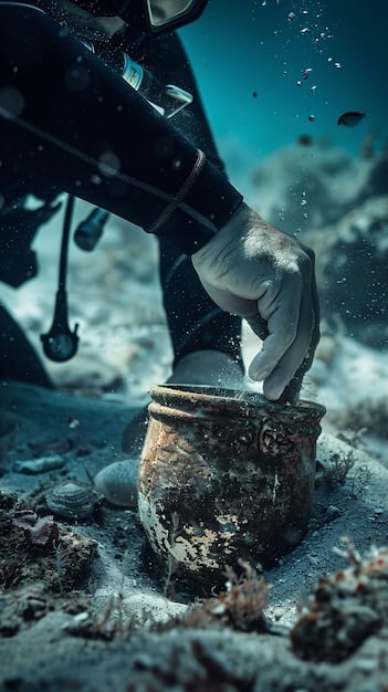 An underwater archaeologist carefully brushes away sediment from a cannon on a well-preserved shipwreck site in the Great Lakes. The clear water allows for excellent visibility, showcasing the detailed preservation of the historic weapon. The image illustrates the careful work involved in Underwater Archaeology in US Waters: Uncovering Shipwrecks and Submerged Settlements.