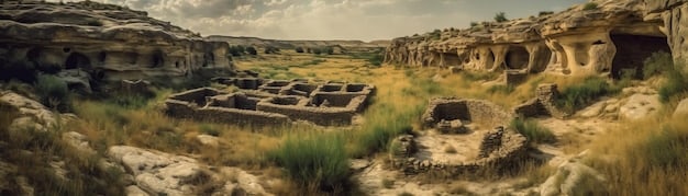 A panoramic view of an archaeological site revealing evidence of both indigenous and early European settlement. The image captures the intersection of two distinct cultures, with artifacts from both periods visible. The landscape is rugged and beautiful, conveying a sense of the vastness of American history.