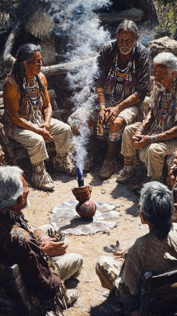 A photograph showing a collaborative meeting between archaeologists and members of a Native American tribe. The group is examining maps and artifacts together. The atmosphere is collaborative and respectful, demonstrating the importance of combining scientific knowledge with indigenous wisdom in archaeological projects.