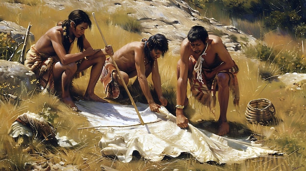 An artist's depiction of the Roanoke colonists interacting peacefully with the Croatan Native Americans, suggesting a theory of assimilation. This illustrates one possible scenario in The Search for Lost Colonies: Uncovering the Truth Behind Early European Settlements in North America.