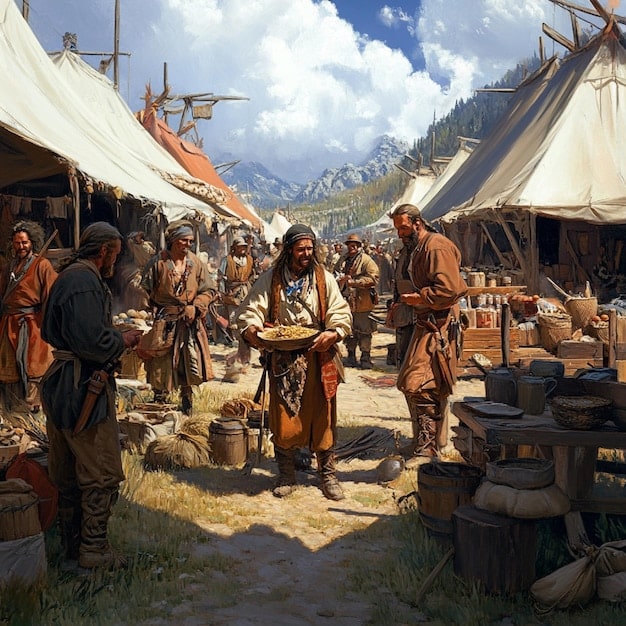A detailed illustration of various goods commonly traded along ancient North American trade routes, including corn, copper tools, obsidian blades, and shell jewelry. The image is divided into sections, with each section showcasing a different category of goods and highlighting their unique characteristics. Include a map in the background showing potential trade routes. This depicts the diverse commodities involved in Ancient Trade Routes of North America: Evidence from Archaeological Discoveries Across the US.