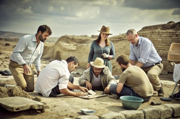 A group of citizen scientists participating in a training session at an archaeological dig site. They are learning how to properly use excavation tools, with a professional archaeologist demonstrating the techniques. The setting is outdoors, with the excavation site visible in the background, showing how The Role of Citizen Scientists in Archaeology: How Volunteers Are Contributing to Discoveries Across the US requires training to become effective.
