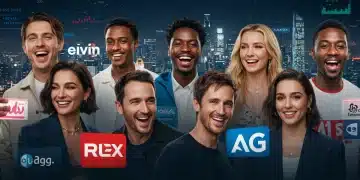 Global celebrities endorsing major brands in a futuristic cityscape.