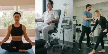 Three A-list celebrities showcasing their luxurious and expensive daily health and wellness routines, including advanced treatments and personalized training.