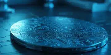 Advanced semiconductor wafer showcasing intricate circuit designs