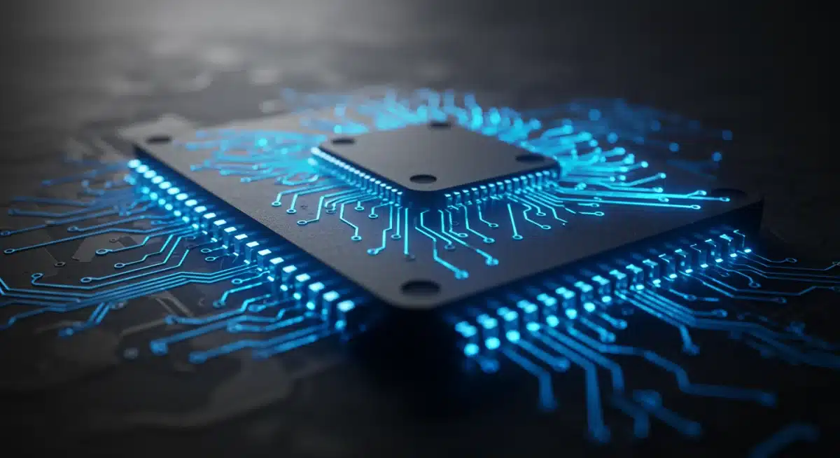 Glowing microchip with intricate circuitry, representing AI and advanced computing innovation.