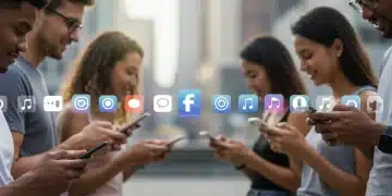 People absorbed in social media on smartphones, reflecting daily American digital habits.