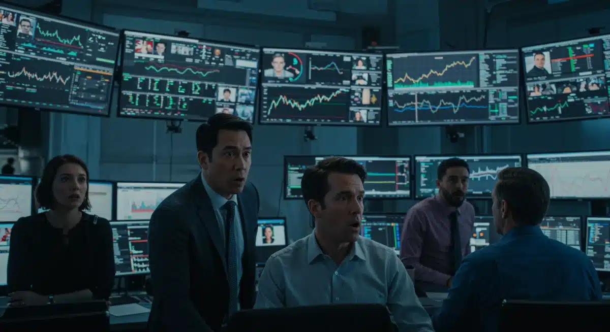 Financial analysts in a control room, intensely studying screens revealing unusual Q1 2025 economic data and market mysteries.