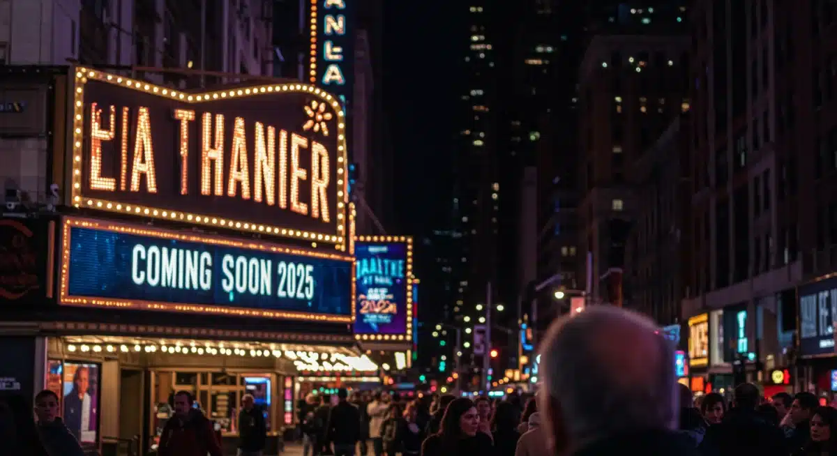 Broadway marquee illuminating the night, signaling upcoming 2025 theatrical events and new star performances.