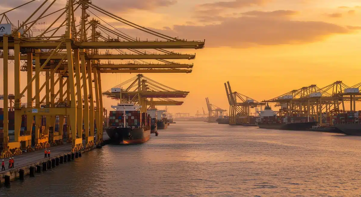 Container ships at a busy port, representing new global trade logistics.
