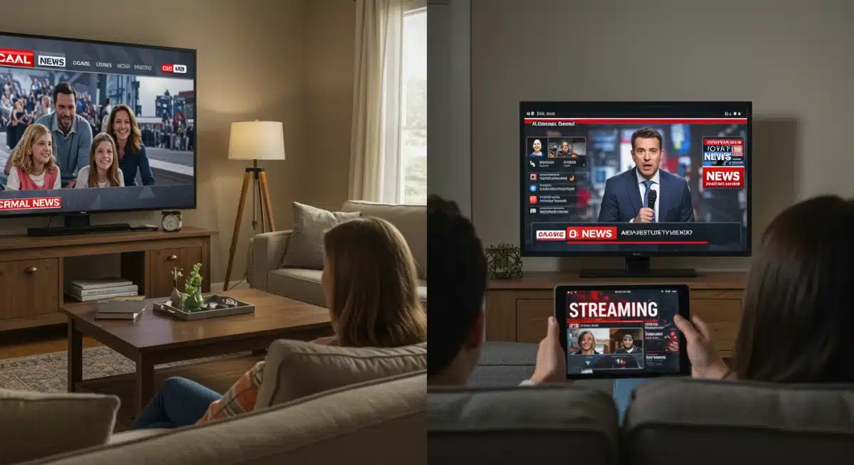 Comparison of traditional cable news viewing versus modern streaming news on digital devices.
