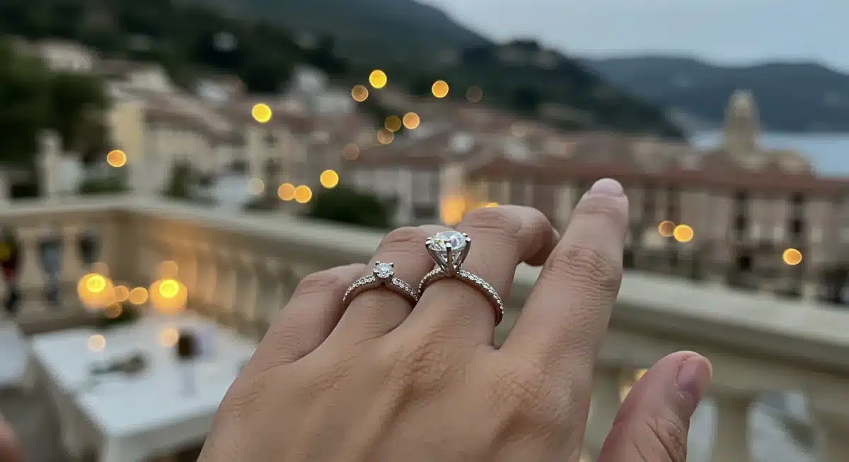 Close-up of a dazzling engagement ring, symbolizing a future celebrity wedding.