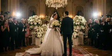 Glamorous celebrity couple celebrates their wedding in a luxurious setting, surrounded by opulent decor and media attention.