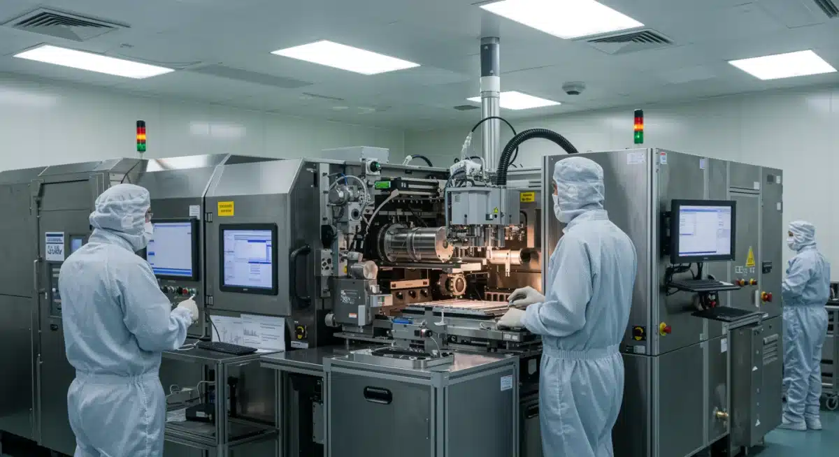 Engineers in cleanroom operating semiconductor fabrication machinery