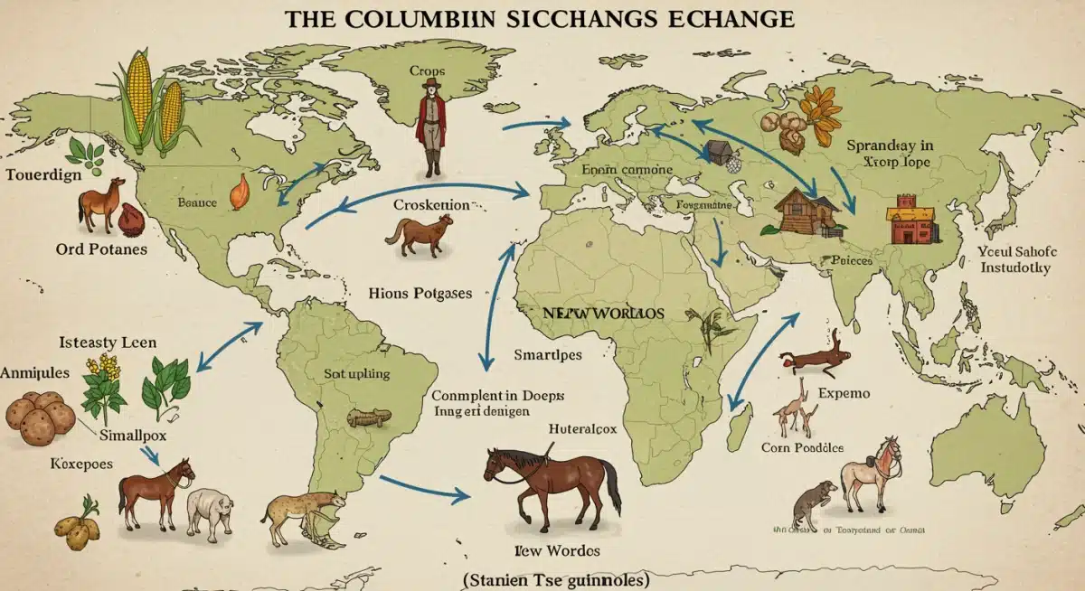 Illustration of the Columbian Exchange and its global transfer of goods