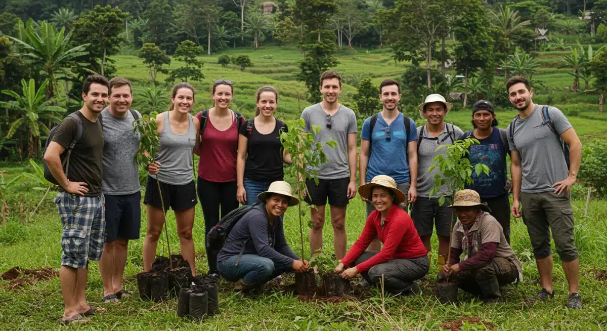 Travelers and locals planting trees together in an eco-tourism project, showcasing community engagement and sustainability.