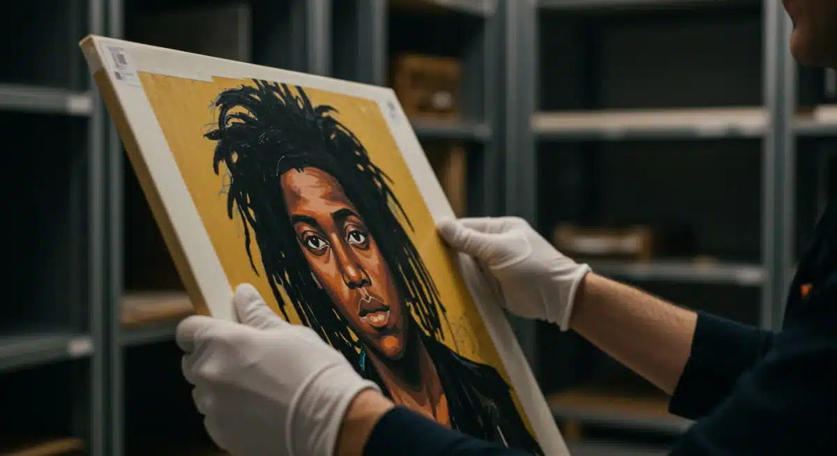 Expert examining a high-value contemporary artwork, part of a celebrity's private collection.