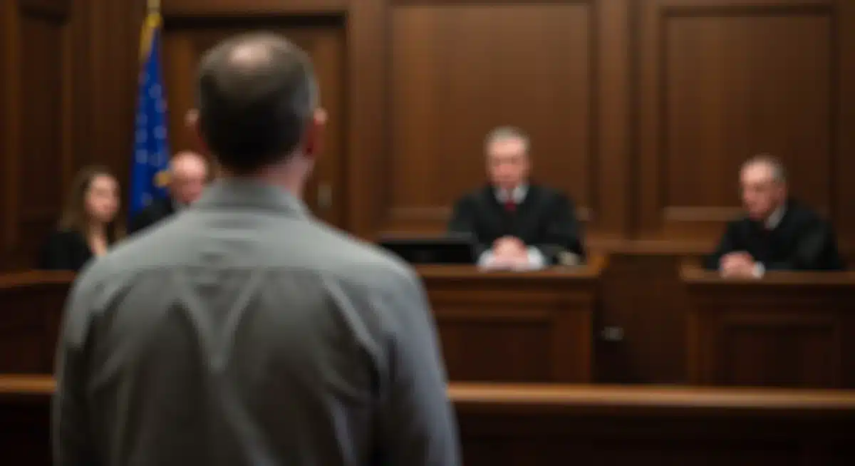 Courtroom legal proceedings with judge and jury present