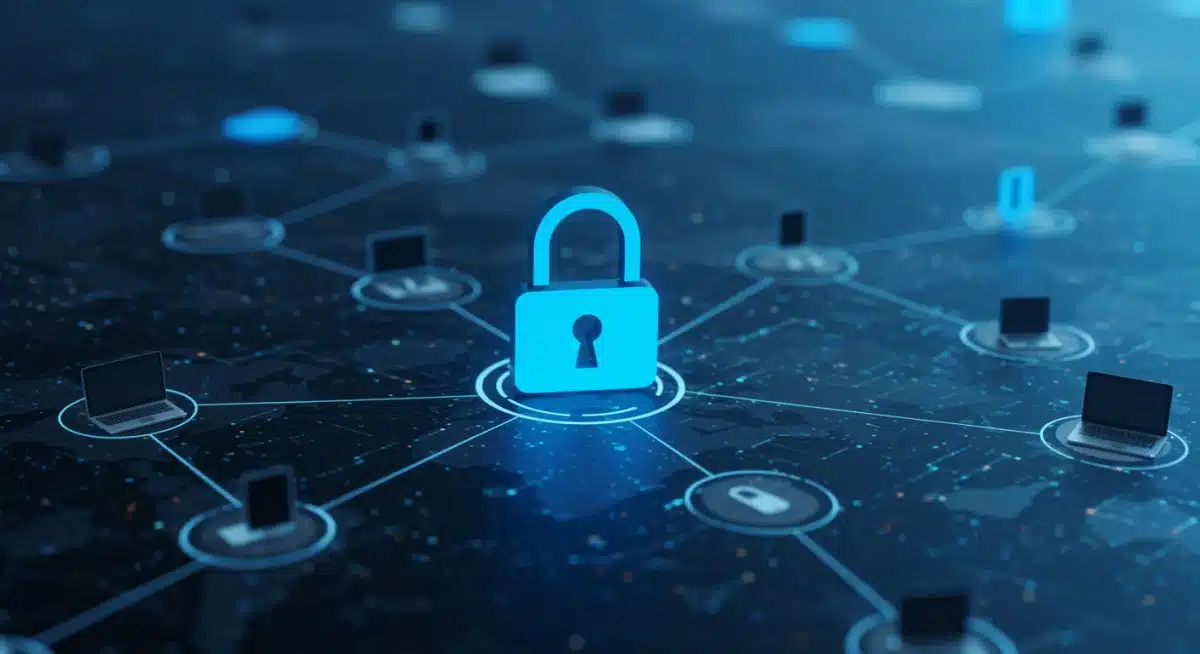 Padlock icon over network representing data security