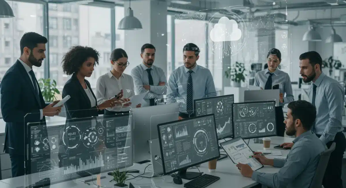 Diverse professionals collaborating in a modern office, engaged with digital screens and cloud platforms.