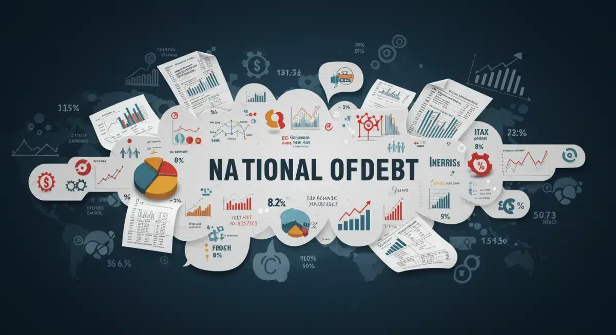 Visual representation of economic factors influencing the U.S. national debt, including spending, revenue, and interest.