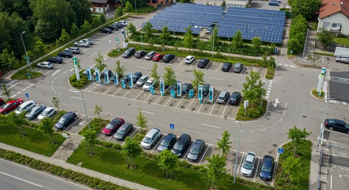 Electric vehicles charging at a solar-powered station