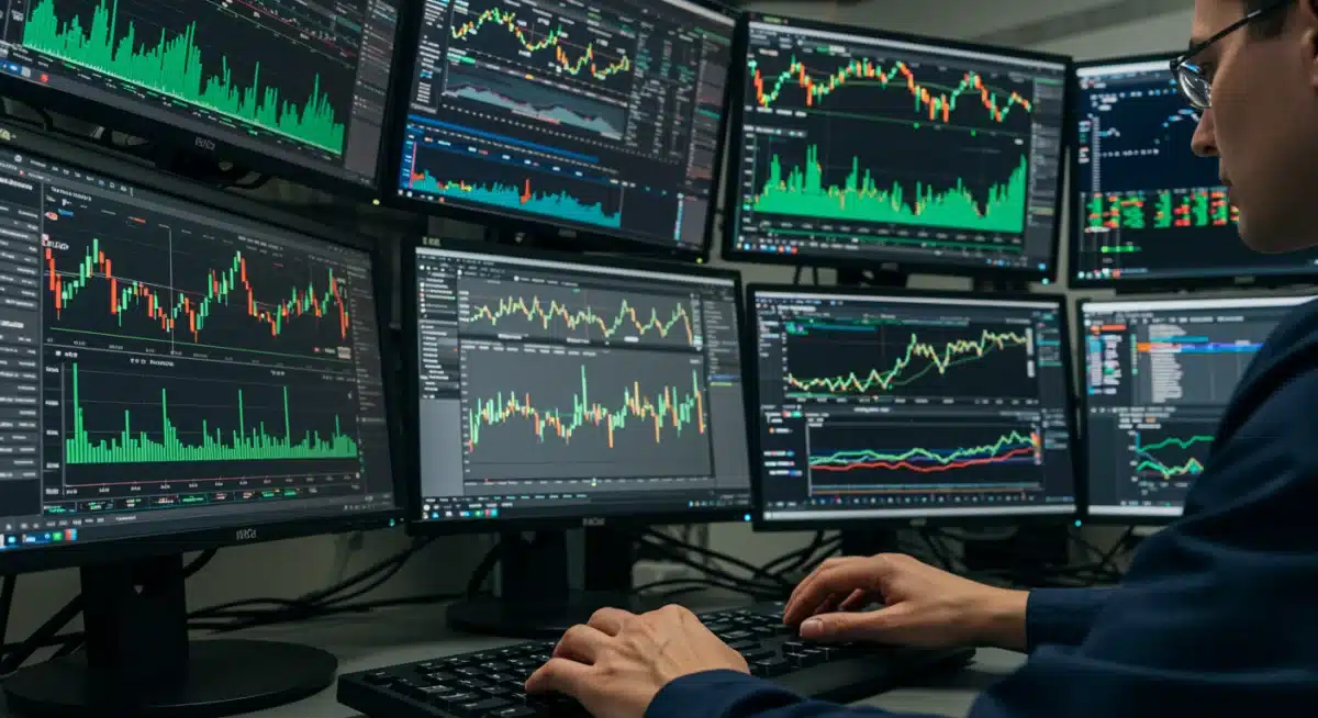 Trader analyzing financial data on multiple screens, reflecting active market participation and strong performance.