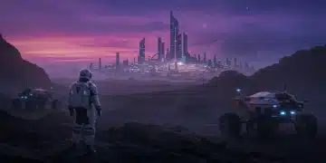 Futuristic astronaut exploring a new world with advanced technology and distant alien city.