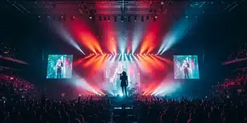 Futuristic concert stage with dazzling lights and a pop star performing to a massive crowd in 2025