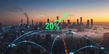 Futuristic cityscape with digital connections and a 20% growth chart representing tech sector expansion in 2025.