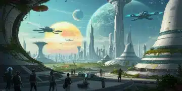 Futuristic city on terraformed planet, advanced architecture, alien flora, dual-sun sky, flying vehicles, diverse inhabitants.