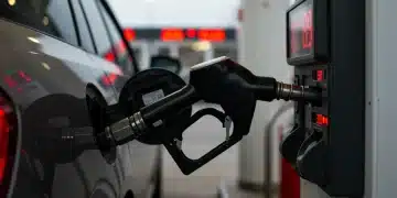 Gas pump nozzle and digital price display showing fluctuating US gasoline prices.