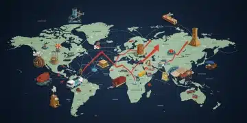 Global trade routes converging on US map, economic growth graphs