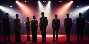 Hollywood's highest-paid actors standing on a red carpet, bathed in spotlights.